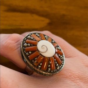 COPY - Coral and shiva shell ring with turquoise inlay